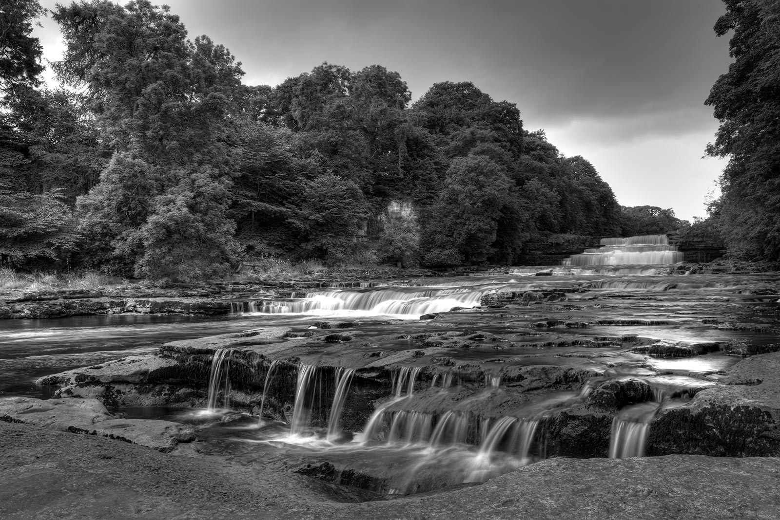 A long exposure shot of Aysgarth Lower Falls in black and white.