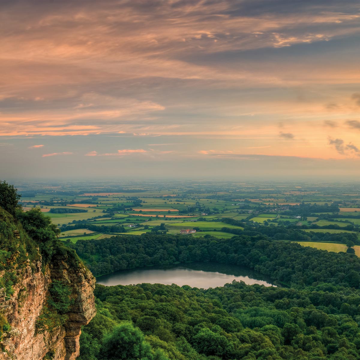 Landscape view from the top Sutton Bank at sunset.