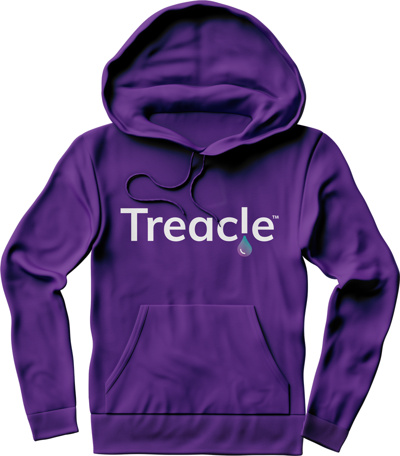 Purple hoodie with the Treacle logo on the front.