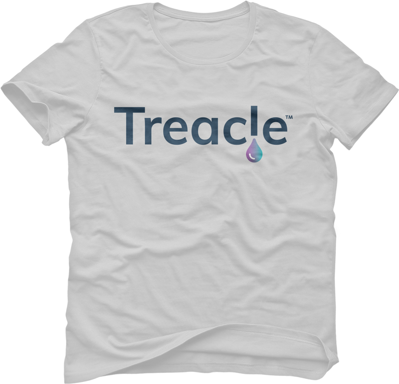 White t-shirt with the Treacle logo on the front.