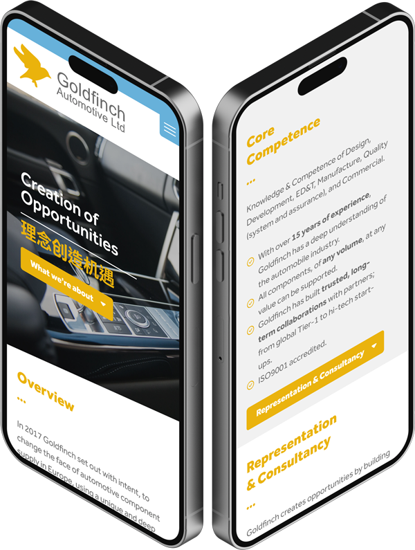 Two iPhones showing the responsive design of the Goldfinch Automotive website