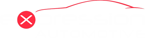 Expression Automotive logo with outline of a car and red circle showing a white X