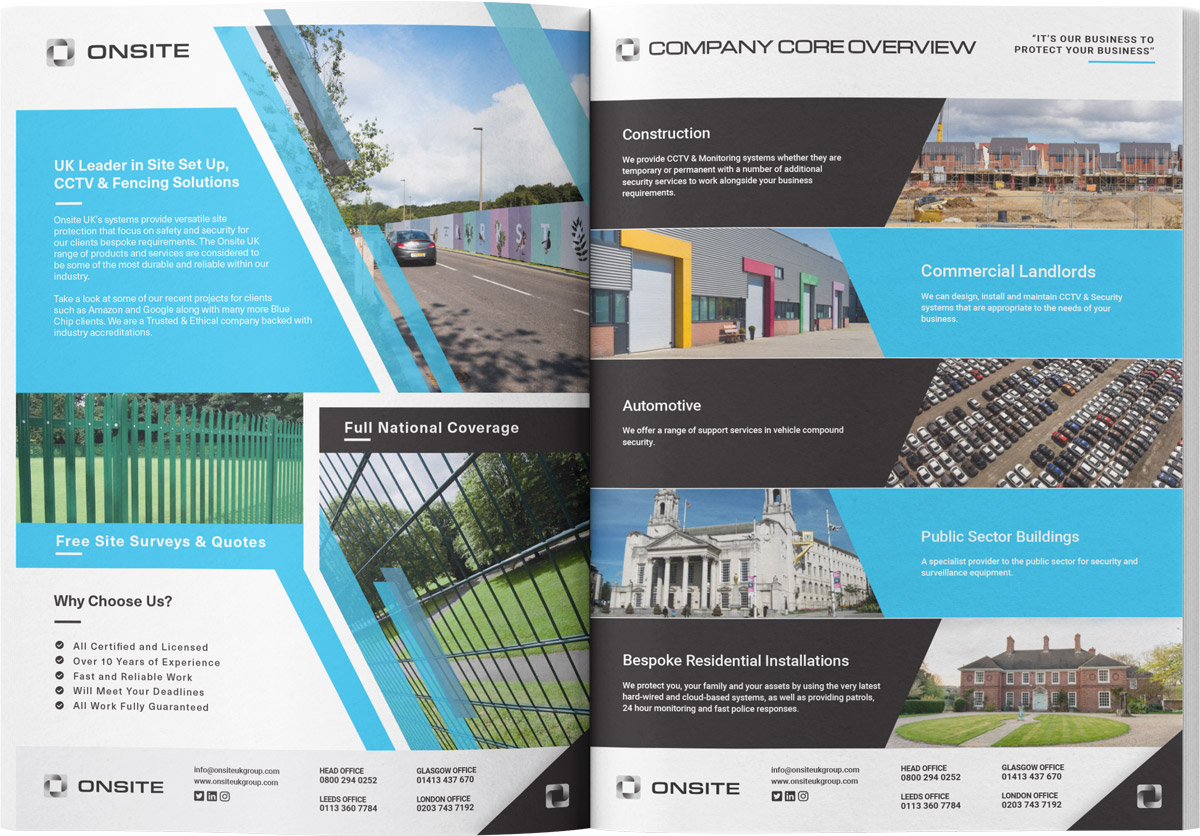 Onsite UK Group brochure laid out flat on a table