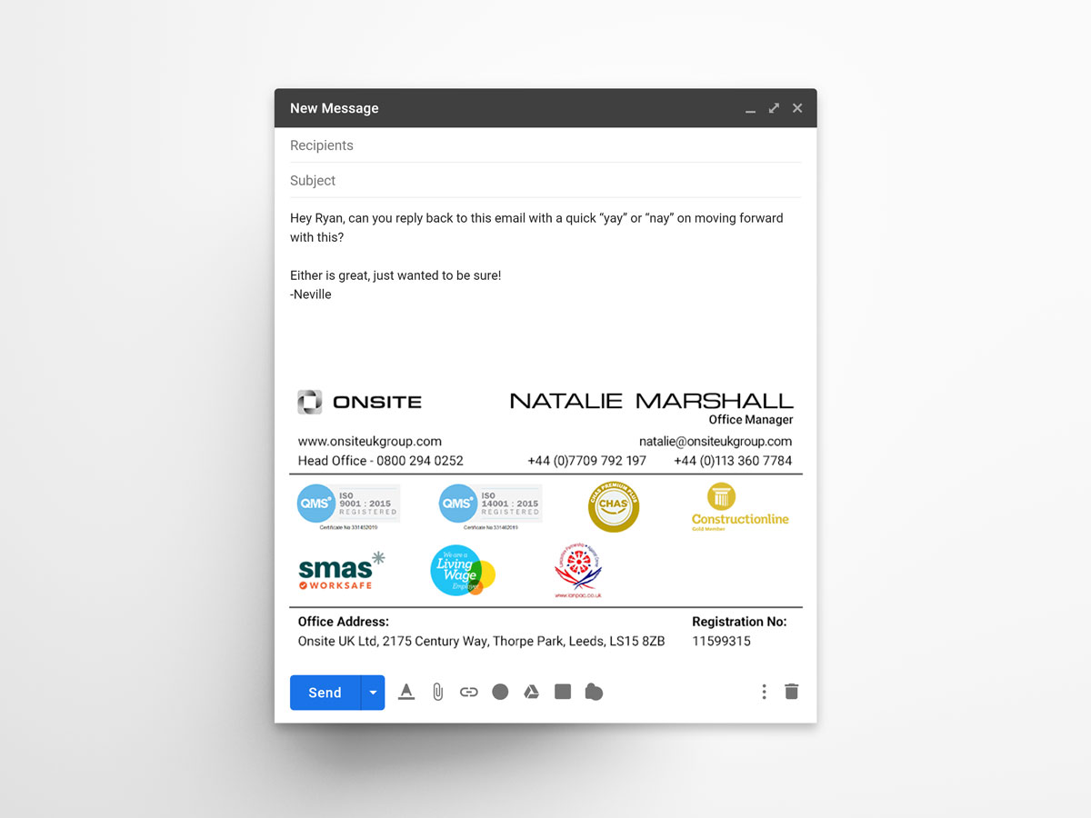 Email signature mock up with Onsite UK Group details on