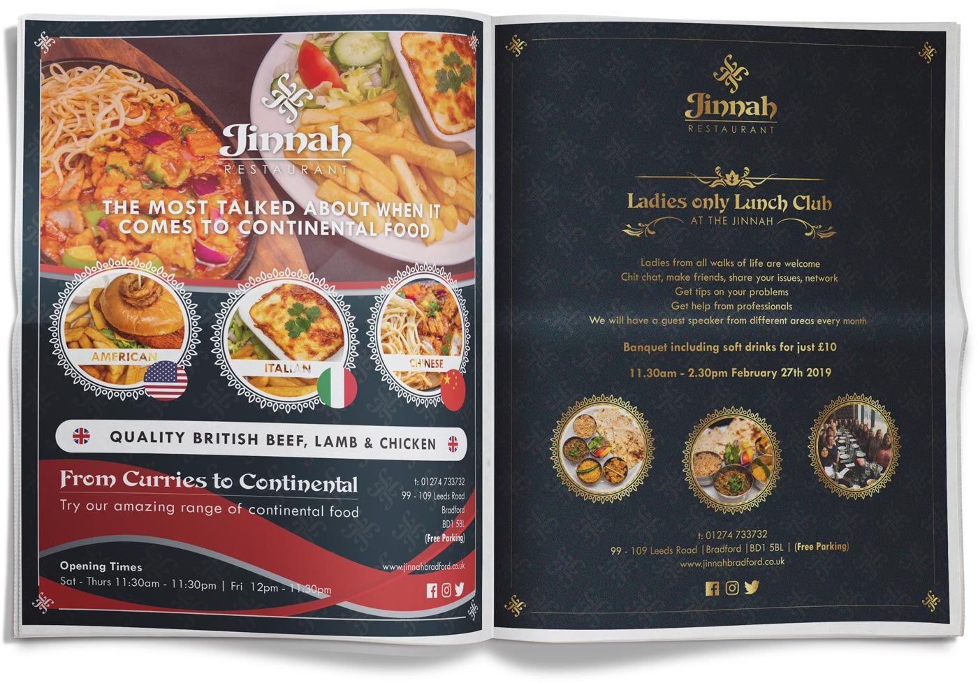 Jinnah Restaurant Newspaper Adverts on an open newspaper